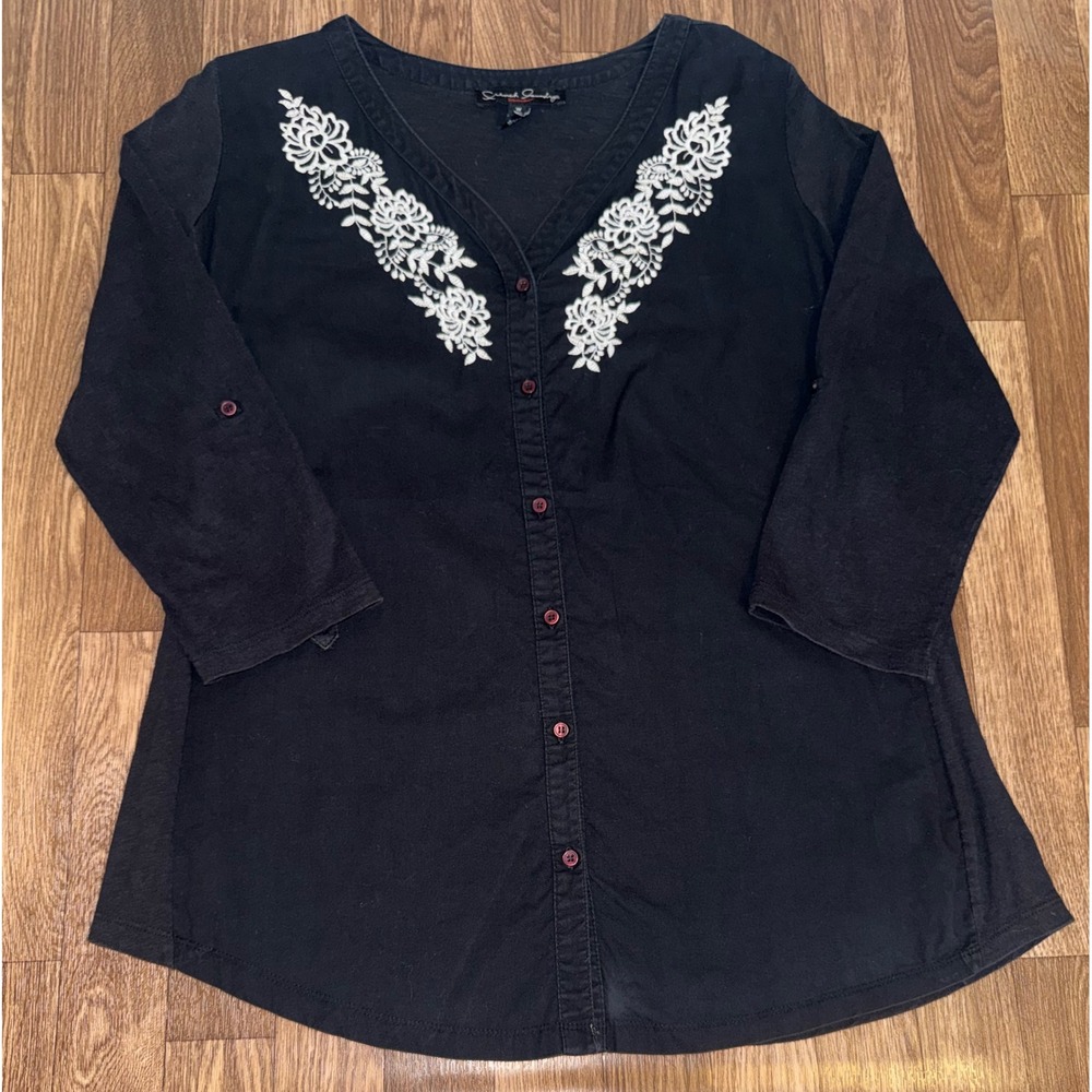 French Laundry Women Black Cotton Embroidered Button Front Tunic Top Plus 1X